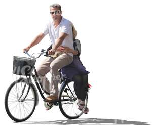 man riding a bike with a woman on the rack