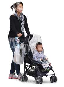 asian woman pushing a stroller