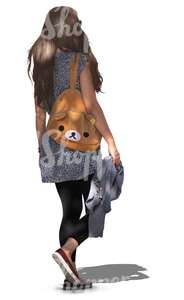 long haired woman walking in tree shade