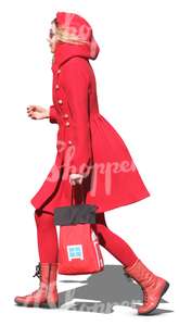 woman in a red costume walking