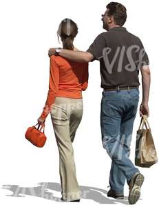 man and woman walking with mans arm over womans shoulders