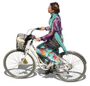 woman in a colorful dress riding a citybike