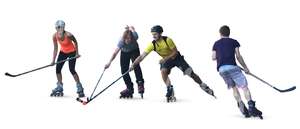four people playing a roller hockey