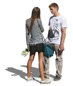 couple with flowers standing and talking