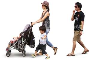 asian family with two children walking 