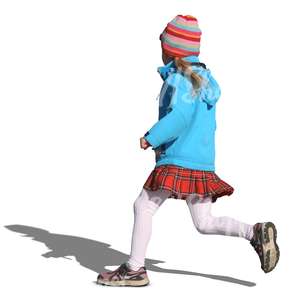 young girl in a blue coat running around