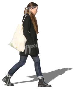 walking woman in a black fur collar coat