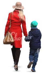 mother in a red coat walking hand in hand with her son