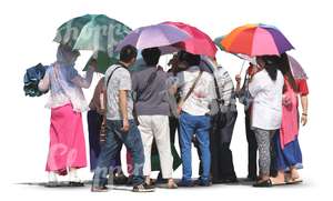 group of asian people with parasols standing together