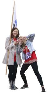 two women with a flag standing and fooling around