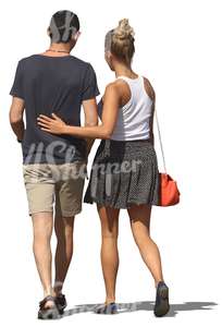 man and woman walking with womans arm around him