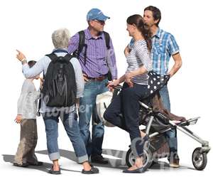 group of five people standing and talking