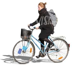 woman with a backpack riding a blue bike