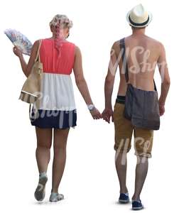shirtless man and a woman walking hand in hand