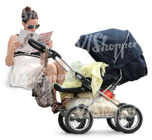 woman sitting next to a baby stroller