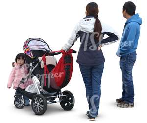 asian family with a baby stroller