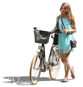 woman in a blue dress walking with a bicycle