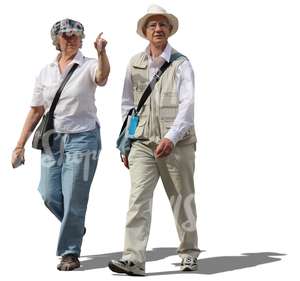 elderly man and woman walking and pointing at smth