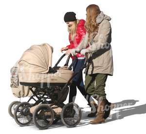 two women with baby carriages walking together