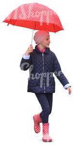 girl with pink wellies walking under a red dotted umbrella