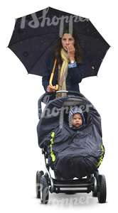 woman with an umbrella and a baby carriage walking in the rain