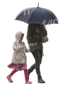 mother and daughter walking in the rain