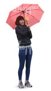 asian woman with an umbrella taking a picture with a phone