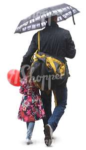 father and daughter with an umbrella and a balloon walking in the rain