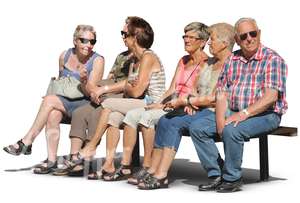 six eldery people sitting in a row on a bench