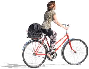 woman riding a red bicycle