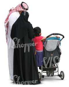 muslim family standing by a baby stroller