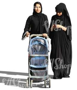 two arab women pushing a baby stroller