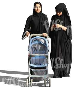 two arab women pushing a baby stroller