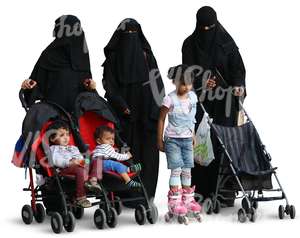 three muslim women walking with children