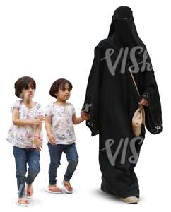 arab woman walking with two children