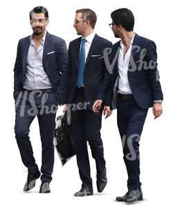 three young businessmen walking and talking