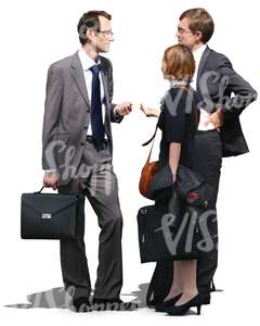 two businessmen and a woman standing and talking