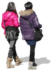 two asian women in winter coats seen from behind