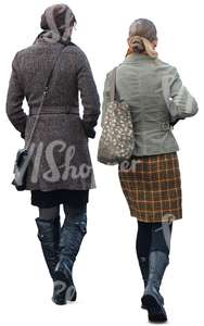 two women in autumn coats walking seen from behind