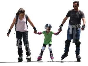 mother father and a child roller skating hand in hand