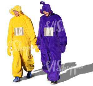 two men dressed as teletubbies walking
