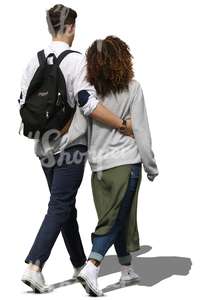 man and woman walking arms around each other