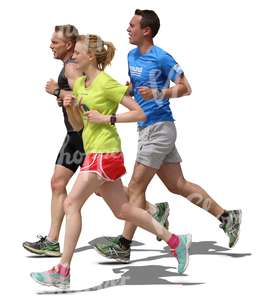 two men and a woman running