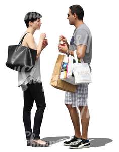 man and woman with many shopping bags standing and eating ice cream