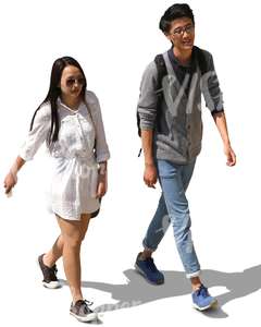 young Asian man and woman walking and talking