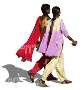 two hindu women wearing colorful indian clothing walking and talking
