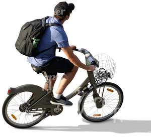 man with a backpack riding a bike