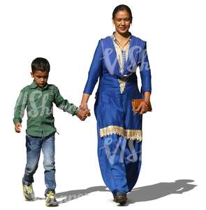 indian woman walking hand in hand with her son