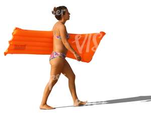 woman in a bikini walking with a floatie