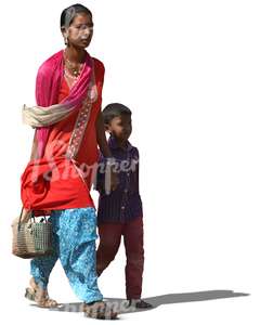 indian woman walking hand in hand with her son